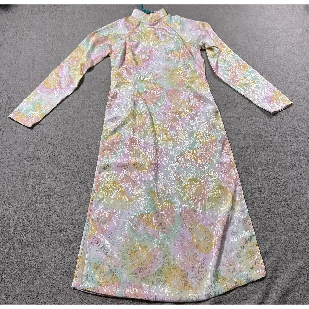 Ao Dai Vietnamese Silk-like Dress Small Traditional Pastel Floral Brocade Tunic